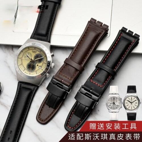 Concave-Convex Leather Watch Strap for Swatch Swatch Yrs Ycs17 19mm Men and Women Couple Butterfly Clasp
