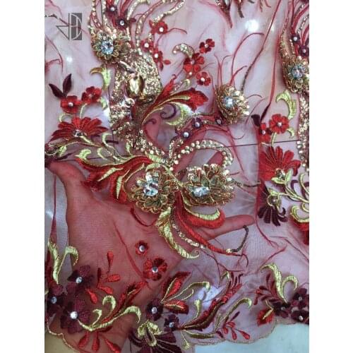 Top Quality 3d Flower Applique lace fabric with stones SYJ-7271 Bridal Lace Fabric For Nigerian Handmade Lace