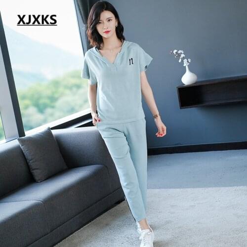 XJXKS Fashion hooded short-sleeved women top + elastic waist nine-point pants 2020 summer autumn comfortable women two-piece set