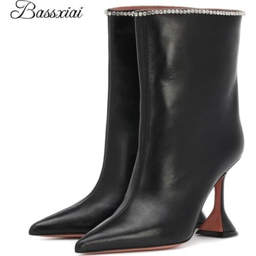 Jeweled Rhinestone Short Boots Women High Goblet Heel Genuine Leather Point Toe Slip-on Runway Botas Mujer Autumn Winter