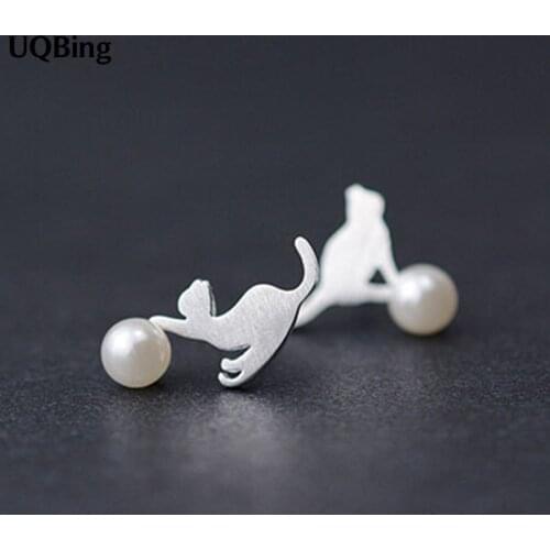 New Arrivals Pearl With Cat Stud Earrings 925 Sterling Silver Stud Earrings For Women Jewelry Free Shipping Brincos
