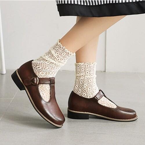 AGODOR Womens T Strap Pump Shoes Shallow Low Square Heel Pumps Women Shoes Ladies Brown Pumps School Uniform Shoes Size 33-48