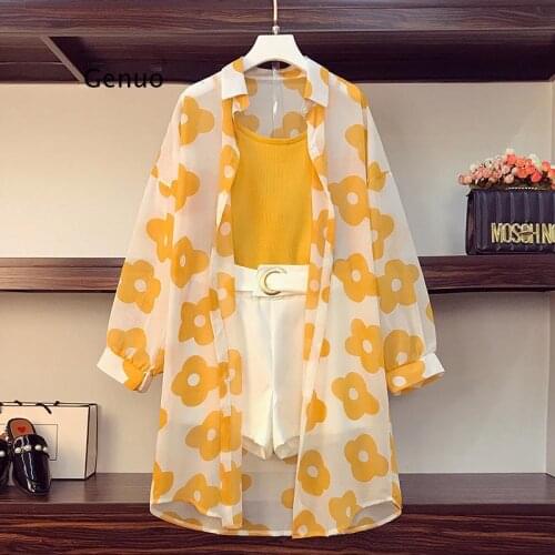 Plus Size L-4XL 3 Piece Set Women Flower Printing Chiffon Sunscreen Long Shirt + Solid Vest +High waist Metal Ring Shorts Suits