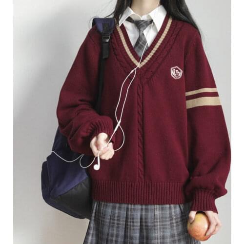 New College Style Sweet JK Uniform Pullover Sweater Korean V-neck Sweater Female Student Loose Outwear Japanese School Uniform