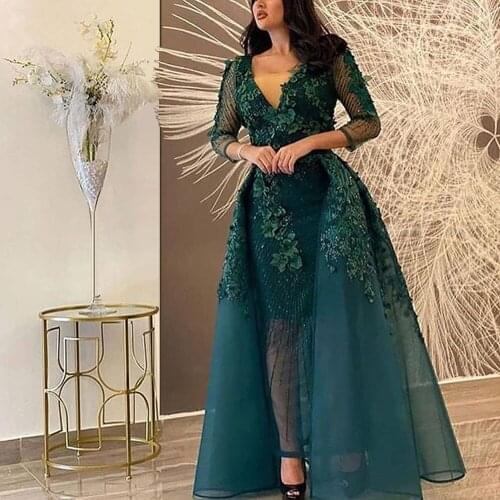 Elegant Evening Dresses A-line V-neck 3/4 Sleeves Tulle Appliques Beaded Dubai Saudi Arabia Long Prom Dress Gown Robe De Soiree