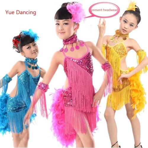 2-15Y Children Sequins Latin Dance Dress For Girls Samba Costume Feather Tassel Fringe Tango Clothes Latina Kids Fancy Dancewear