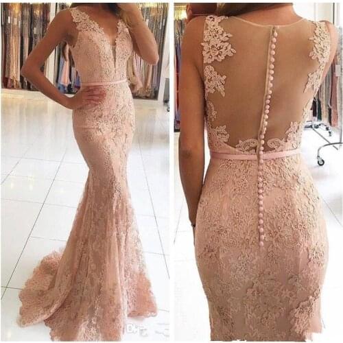 Grace Light Pink Mermaid Evening Dresses Deep V-neck Backless Formal Party Gowns Lace Appliques Beading Evening Gowns for Women