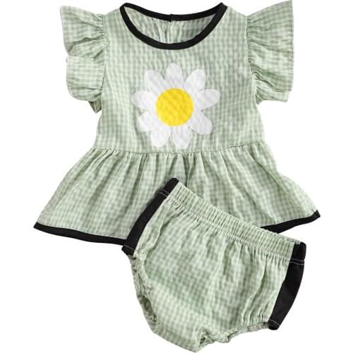 2021 0-3Y Sweet Kids Baby Girl Clothing Cute Sunflower Plaid Print Round Neck Flounced Cuff Top Blouse+Triangle Crotch Panties