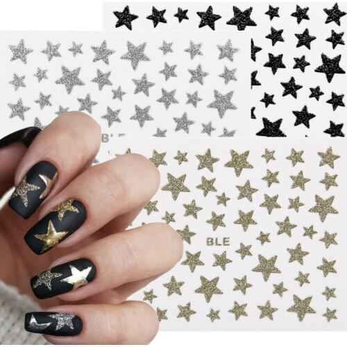 3D Stars Nail Art Sticker Glitter Shiny Gold Silver Aluminum Foil DIY Transfer Self Adhesive Stickers Colorful Nail Decorations