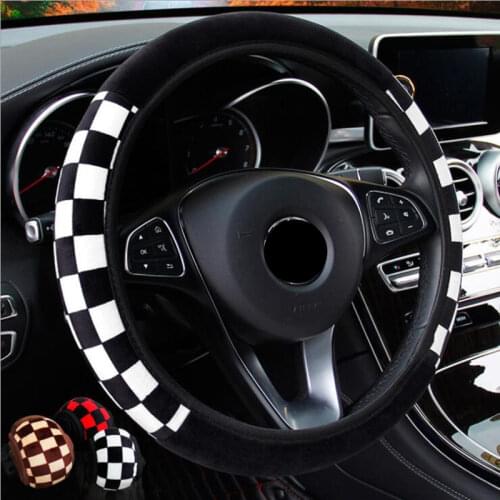 Black White Steering Wheel Cover Plaid Plush Autumn Winter Car Steering Wheels Hubs Universal Auto Accessories