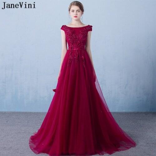JaneVini 2019 Burgundy Bridesmaid Dresses Scoop Neck A Line Lace Appliques Beaded Backless Tulle Elegant Long Party Prom Gowns
