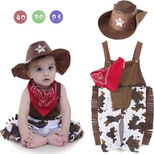 Baby Clothes Boy Costume Infant Toddler Cowboy Set 3Pcs Hat Scarf Baby Romper Halloween Event Birthday Holiday Cosplay Outfits