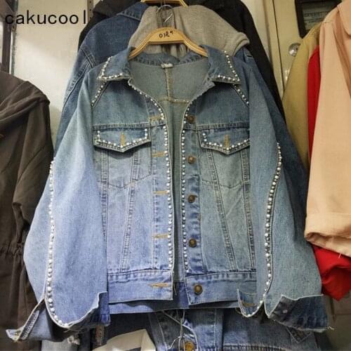 Cakucool New Pearls Denim Jacket Womens Jeans Diamond Beading Korean Jackets Shimmer Loose Blue Casual Outerwear Casaco Femme