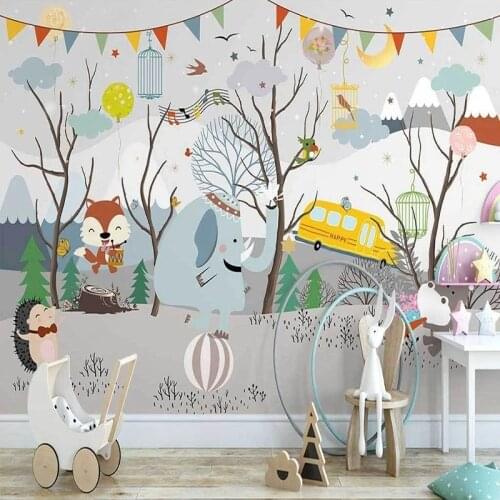 Cartoon Kids Bedroom Wallpaper Hand-painted Forest Animal Concert Indoor Party Decor Photo Wall Stickers Custom Self-adhesive 3D