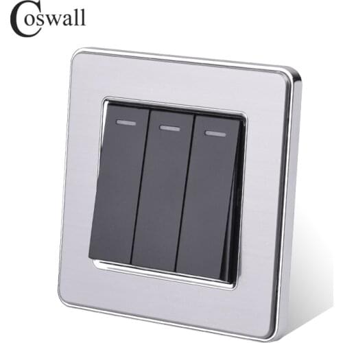 Coswall Luxury Stainless Steel Panel 3 Gang 2 Way On / Off Light Switch 16A Pass Through Wall Switch AC 110~250V