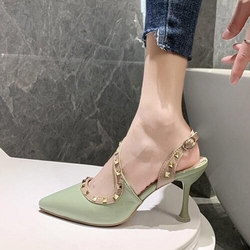 New Woman Sandals Rivet Pumps Pointed Toe High Heels Dress Shoes Black Sexy Heeled Party Shoes Singbacks Sandalias mujer 8187G