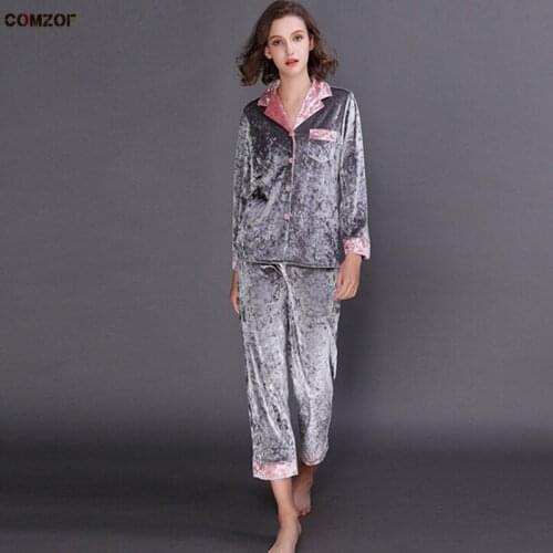 Velvet women homewear two piece set long sleeve shirt+pants patchwork sleepwear clothing pajamas suits sets pijama feminino