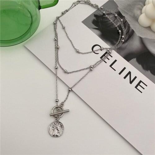 Origin Summer hiphop multi-layer round bead pendant necklace for women metallic Queen Portrait Toggle Clasp necklace jewelry