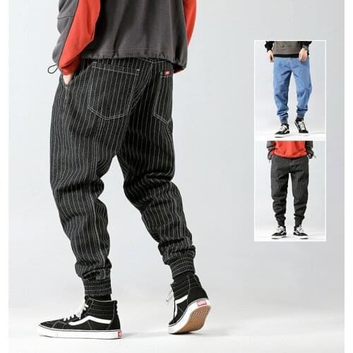 Autumn Winter Thicken Fleece Jeans Loose Plus Size Stripes Small Feet Streetwear Harem Trousers Fashion Tide Clothing For Men