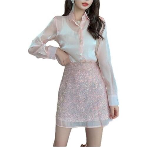 PERHAPS U Women Elegant Sweet Three-Piece Set Mesh Bright Silk See-Through Blouses Shirt Camisole Sequins Mesh Short Skirt T3046