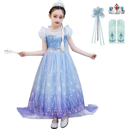 Little Girls Elsa Dress Foral Sequins Mesh Prom Gown Children Birthday Party Cosplay Costume Clothing