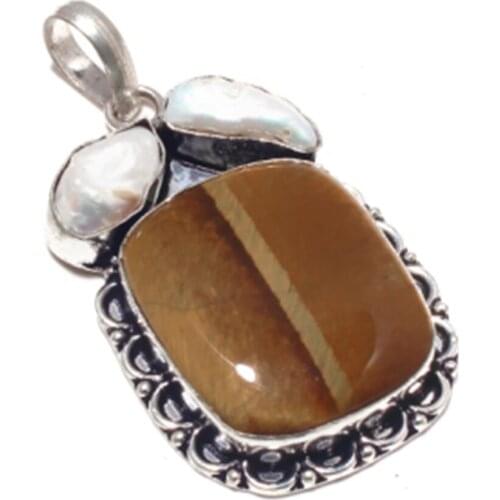 Genuine Tiger Eye + Biwa Pearl Silver Overlay over Copper , Hand made Women Jewelry gift
