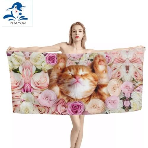 Bedding Outlet Rose Bath Towel Bathroom Cute Cat 3D Print Microfiber Beach Towel for Adult Animals Shower Towel 75x150cm