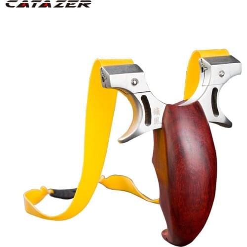 Outdoor Hunting Shooting Wooden Handle Stainless Steel Power Slingshot with Titanium Sight Flat Rubber Band