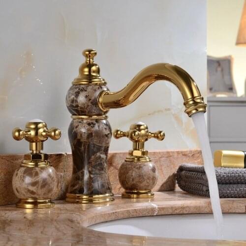 Luxury gold Solid brass copper Marble stone dual handle Washbasin faucet European three holes lavatory Faucet Waterfall tap
