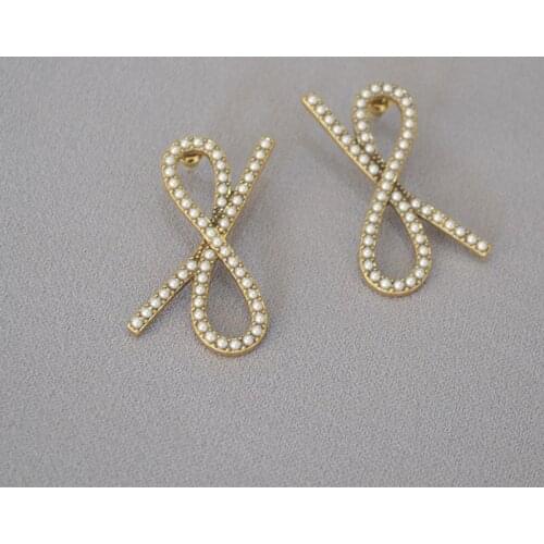 Vintage old gold inlaid pearl bow knot atmosphere fashion 925 silver needle stud earrings earrings accessories female