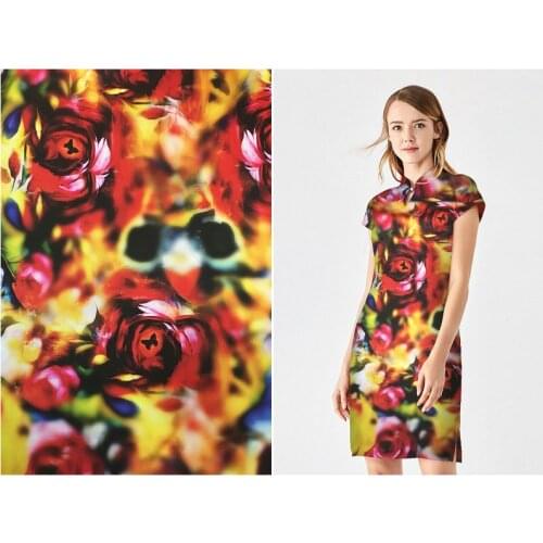 Exquisite yellow red rose printed silk cheongsam cloth 19 mm heavy silk stretch satin fabric for dress shirt pants kimono
