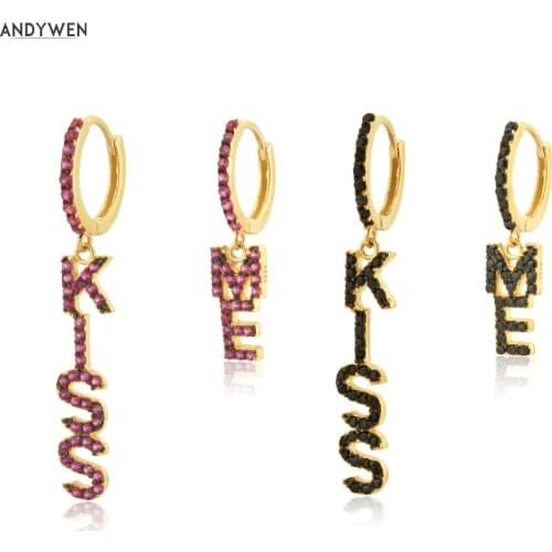 ANDYWEN 925 Sterling Silver Gold Black Rose Red Letter Kiss Me Drop Earring Clips Pendiente Piercing Jewelry Gift Rock Punk