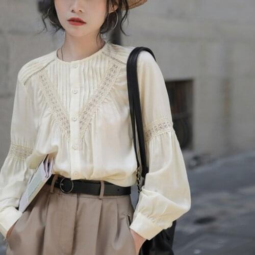 Vintage France Elegant Blouse Women Autumn 2021 High Street Casual Retro Female Blouse Long Sleeve Lace Korean Fashion Clothing