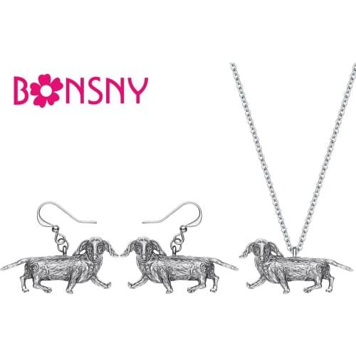 Bonsny Alloy Antique Plated Dachshund Dog Jewelry Sets Earrings Necklace Mental Animal Jewelry For Lady Girls Birthday Gift