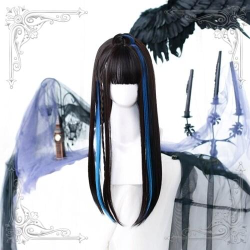 Female Long Straight Bangs Black Wig Part Gradual Change Dyed Blue Women Natural Synthetic Wigs Cosplay Party