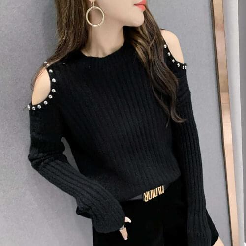 Candy sweater women new autumn winter 2021 solid color off shoulder sweater women Pearl loose long sleeve top Pullover