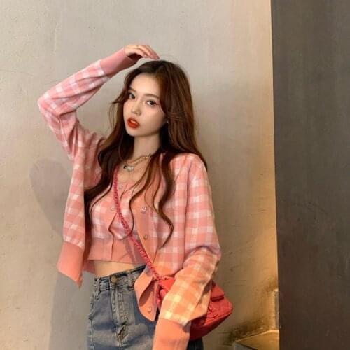 Womens autumn Long Sleeve Button Down Knit Vintage Plaid sweater Female Pink Korean Fashion Cardigans Sweet Mujer Harajuku Top