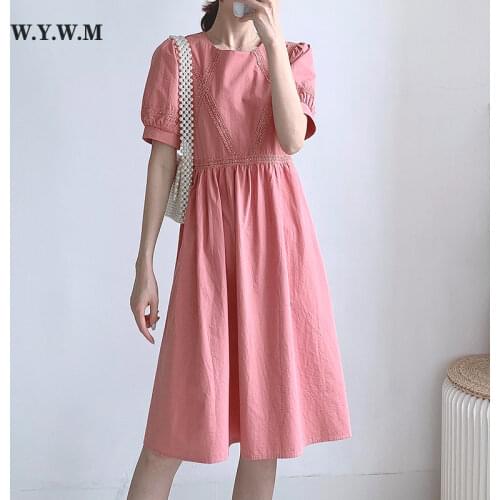 WYWM New Summer Dress Women Korean High Waist Female Dresses Elegant Lace Puff Sleeve A-line Lady Sundress Medium Long Dress