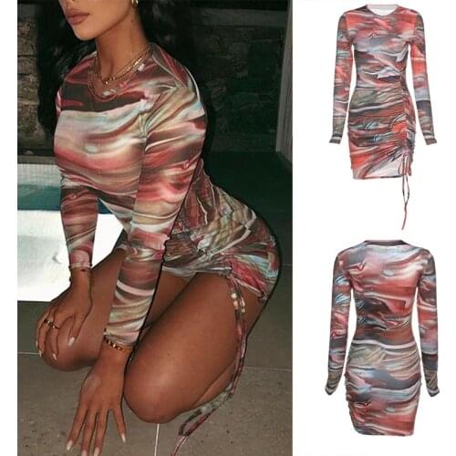Round Neck Long Sleeves Adjustable Straps Slim Printed Dress Autumn and Winter Womens Fashion Streetwear