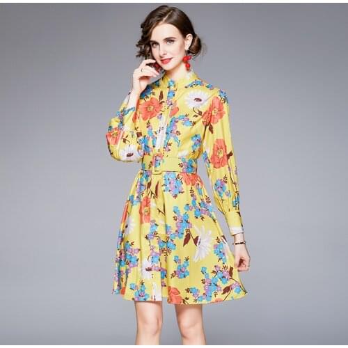 Women Autumn Designer Elegant Print Shirt Dress High Quality Long Sleeve Casual Party Robe Female Vintage Floral Dress Vestidos