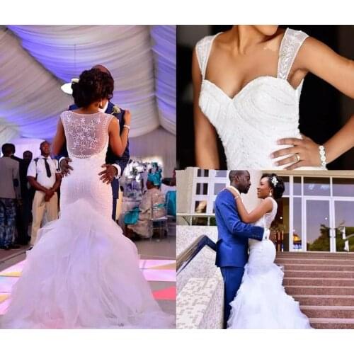 Plus Size Beading Pearls Tulle Mermaid African Wedding Dresses Ruffles Skirts Arabic Black Girls Bridal Dress Illusion Wedding