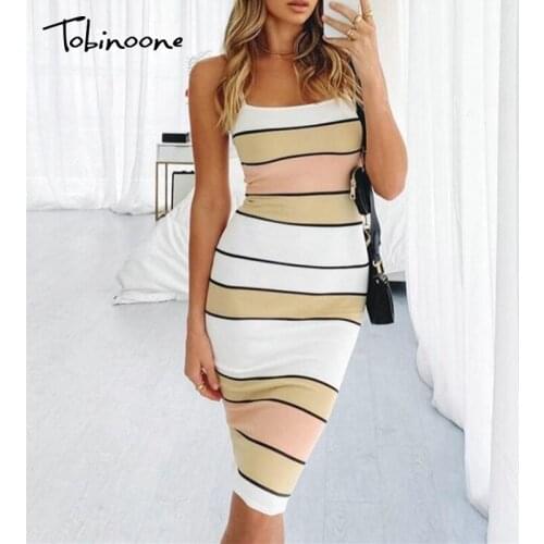Tobinoone Striped Spaghetti Srtap Sexy Dress Women Summer Backless Bodycon Midi Dresses Sleeveless Split Sheath Party Vestidos