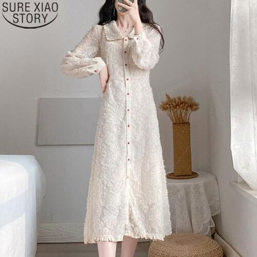 2021 Spring New French Vintage Sweet Dress Women Doll Collar Single Breasted Button Dress high waist vestido feminino 12914