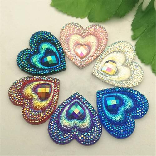 10PCS 30mm AB Resin heart shape Rhinestone Flatback Wedding diy Buttons