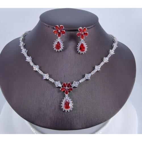2021 new fashion bohemia red flower CZ zircon necklace earring set,wedding bridel dinner banquet dress jewelry free shipping