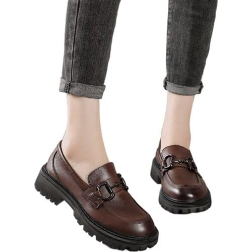 2021 spring cowhide womens shoes casual four seasons shoes thick heels womens loafers