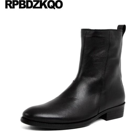 Shoes Zipper Mens Winter Boots Warm Genuine Leather Fashion British Style Mid Calf Men Chunky Full Grain Black Fur Designer Male