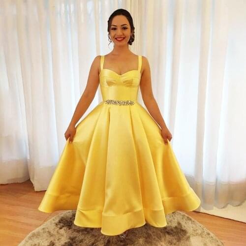 Elegant Yellow Evening Dress A Line Simple Satin Spaghetti Straps Womens Formal Party Gowns Pleated High Waist Robe de soiree