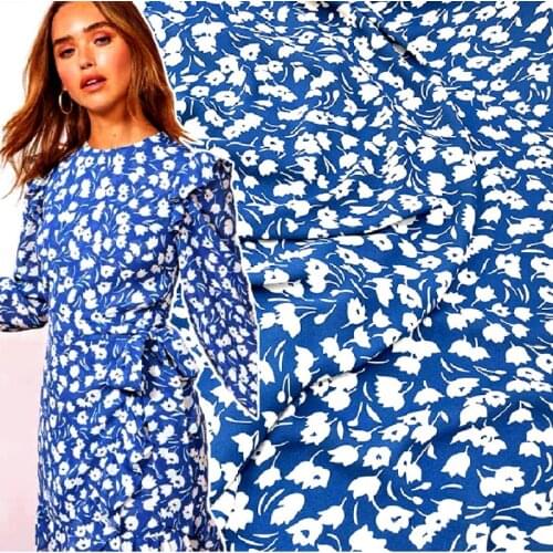 European and American brand haute couture blue bottom small flower clothing cloth polyester linen handmade DIY skirt fabric