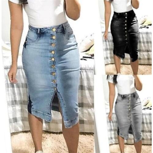 Women Fashion High Waist Denim Distressed Jeans Bodycon Long Skirt Buttons Pockets Split Bandage Jeans Skirt